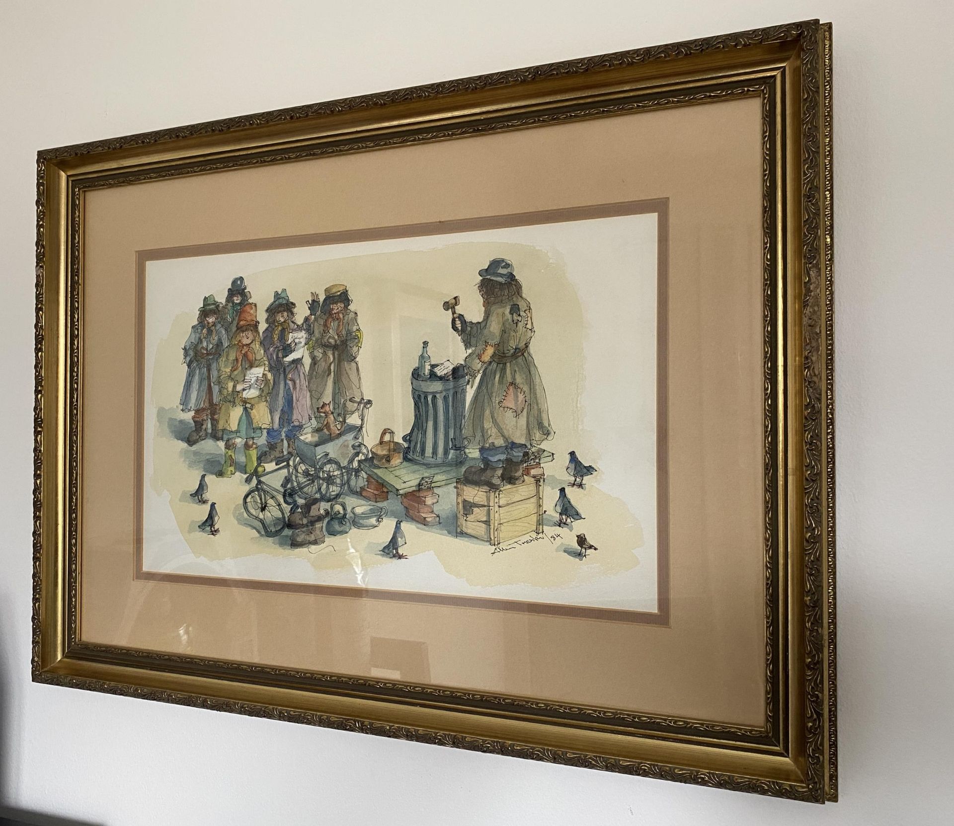 AN ALBIN TROWSKI PEN & INK GILT FRAMED PICTURE OF A TRAMP AUCTION, SIGNED AND DATED TO LOWER RIGHT