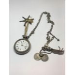 A VINTAGE HALLMARKED SILVER FARRINGDON LADIES POCKET WATCH WITH ATTACHED ALBERT CHAIN AND PENDANTS