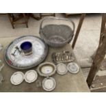 AN ASSORTMENT OF SILVER PLATE ITEMS TO INCLUDE A TRAY, A BASKET AND A SCENT BOTTLE WITH HALLMARKED