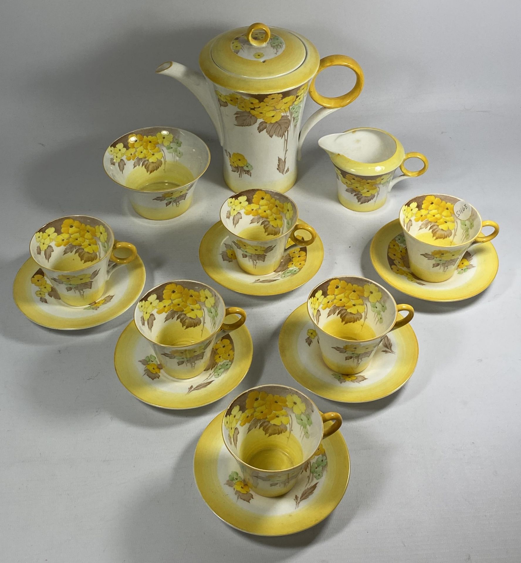 A SHELLEY ART DECO 'PHLOX' PATTERN TEA SET COMPRISING TEAPOT, SUGAR BOWL, CREAM JUG AND SIX CUPS AND