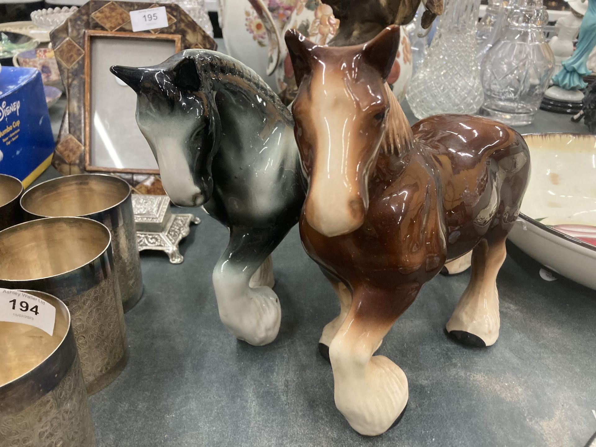 TWO CERAMIC SHIRE HORSES HEIGHT 23CM