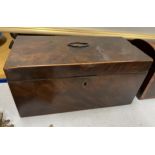 A GEORGIAN MAHOGANY RECTANGULAR TEA CADDY WITH THREE INNER COMPARTMENTS