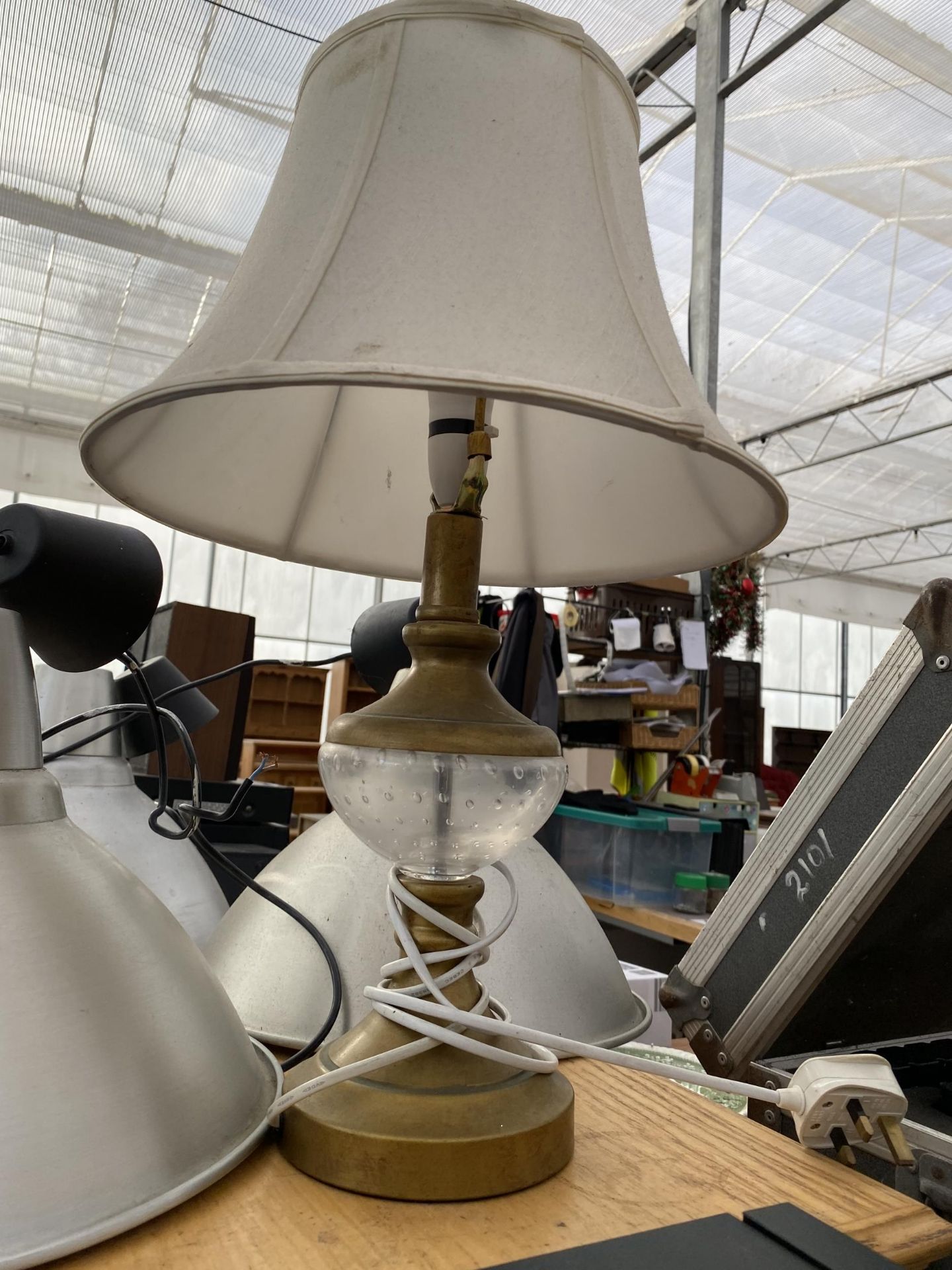 THREE INDUSTRIAL STYLE LIGHT FITTINGS AND A TABLE LAMP - Image 2 of 2