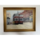 A GILT FRAMED NORTHERN ART OIL PAINTING OF TRAMS, SIGNED AND DATED H.LEE, 1976, 32 X 42CM