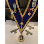 A MASONIC SASH WITH HALLMARKED SILVER GILT FOB CHESHIRE FOB, FURTHER GILT MEDALS ETC