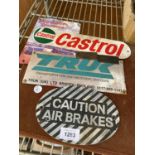 AN ASSORTMENT OF METAL SIGNS TO INCLUDE 'CASTROL' AND 'TRUK' ETC