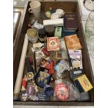 A MIXED LOT TO INCLUDE BADGES, PLAYING CARDS, EGG CUPS, A COLLINS MOTORIST DIARY, VINTAGE