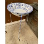 A LARGE CERAMIC WASH BOWL WITH METAL TRIPOD STAND (60CM x 42CM)