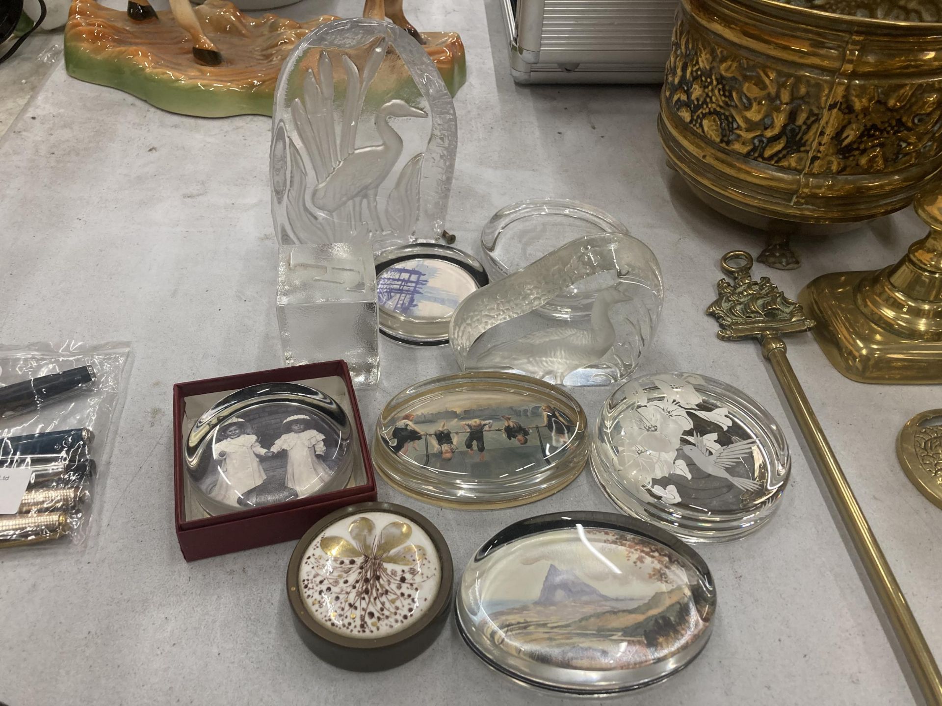 A COLLECTION OF GLASS PAPERWEIGHTS TO INCLUDE BIRDS, ETC