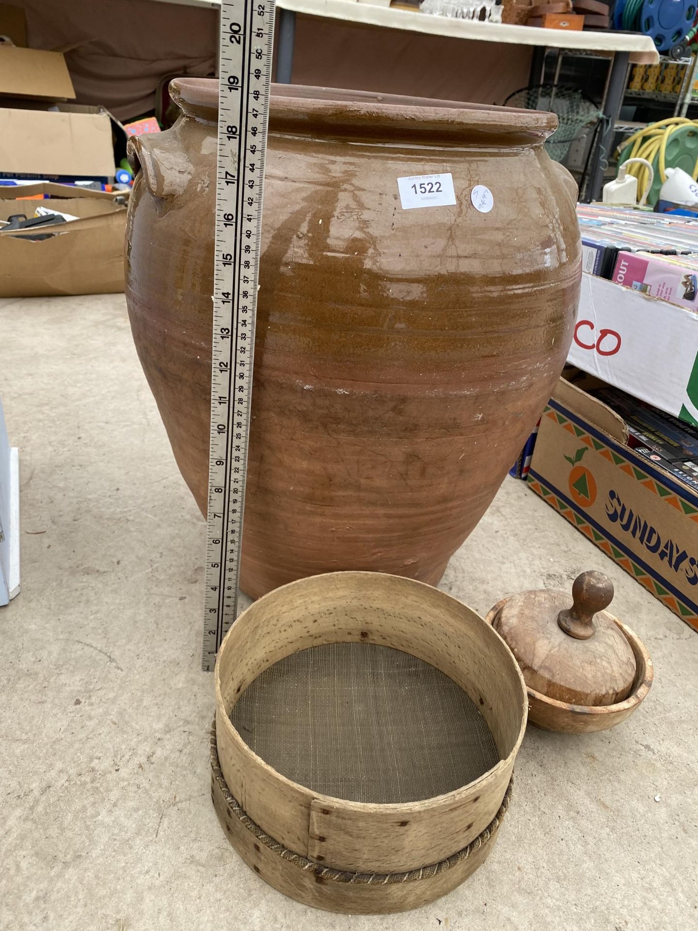 A LARGE EARTHEN WARE POT AND TWO TREEN ITEMS TO INCLUDE A LIDDED POT - Image 2 of 2
