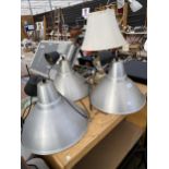 THREE INDUSTRIAL STYLE LIGHT FITTINGS AND A TABLE LAMP