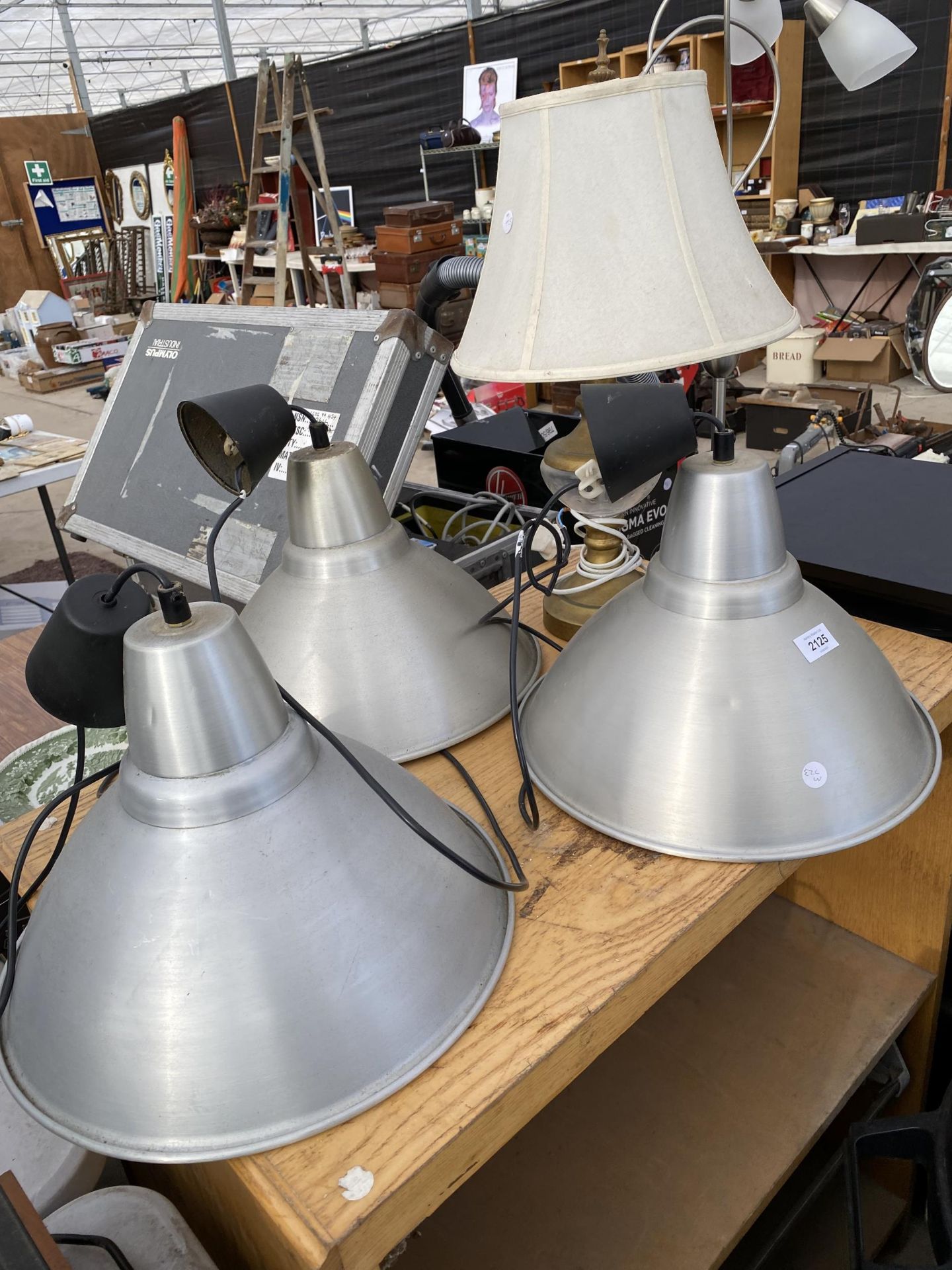 THREE INDUSTRIAL STYLE LIGHT FITTINGS AND A TABLE LAMP