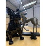 A MODEL OF A LARGE FRENCH BULLDOG, A METAL STATUE OF A HORSE AND A SMALL KITTY