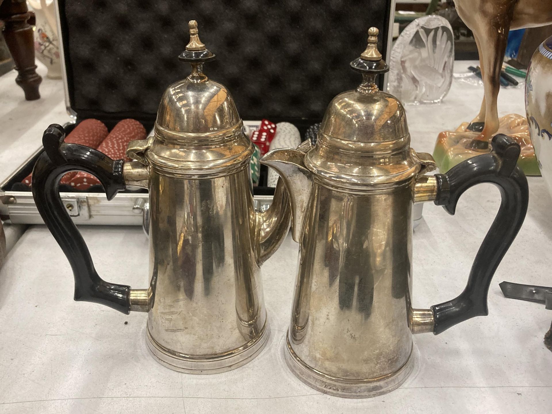 TWO VINTAGE SILVER PLATED HOT CHOCOLATE JUGS HEIGHT 21.5CM