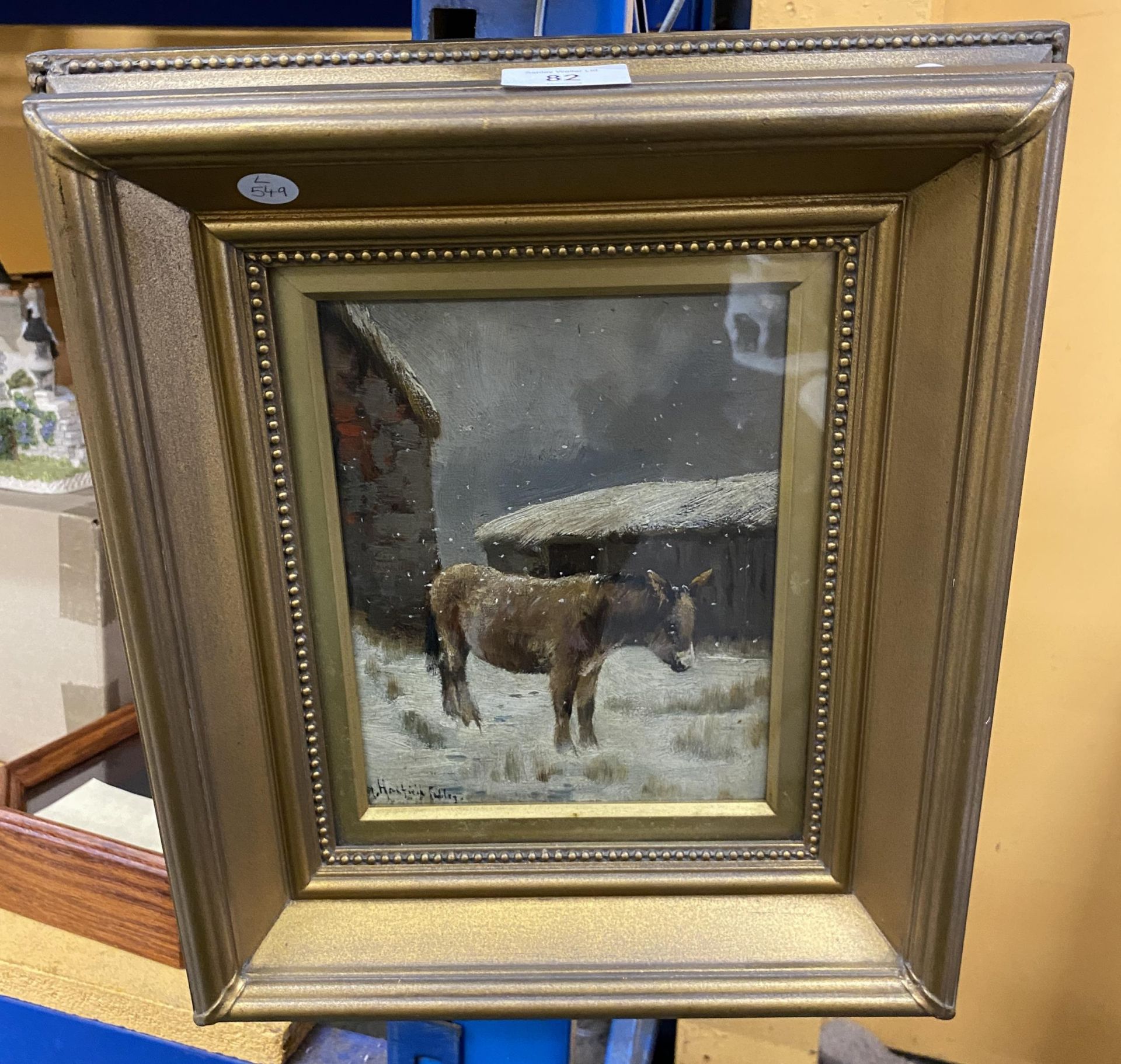 A HENRY HADFIELD CUBLEY, BRITISH, (1858-1934) GILT FRAMED OIL PAINTING OF A DONKEY, 39 X 34CM