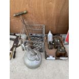 AN ASSORTMENT OF ITEMS TO INCLUDE GLASS BOTTLES, A KETTLE AND A METAL BASKET ETC