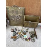 AN ASSORTMENT OF BRASS ITEMS TO INCLUDE BELLS, A SNAKE AND AN OIL CAN ETC