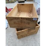 TWO MONOGRAMED WOODEN WINE BOXES