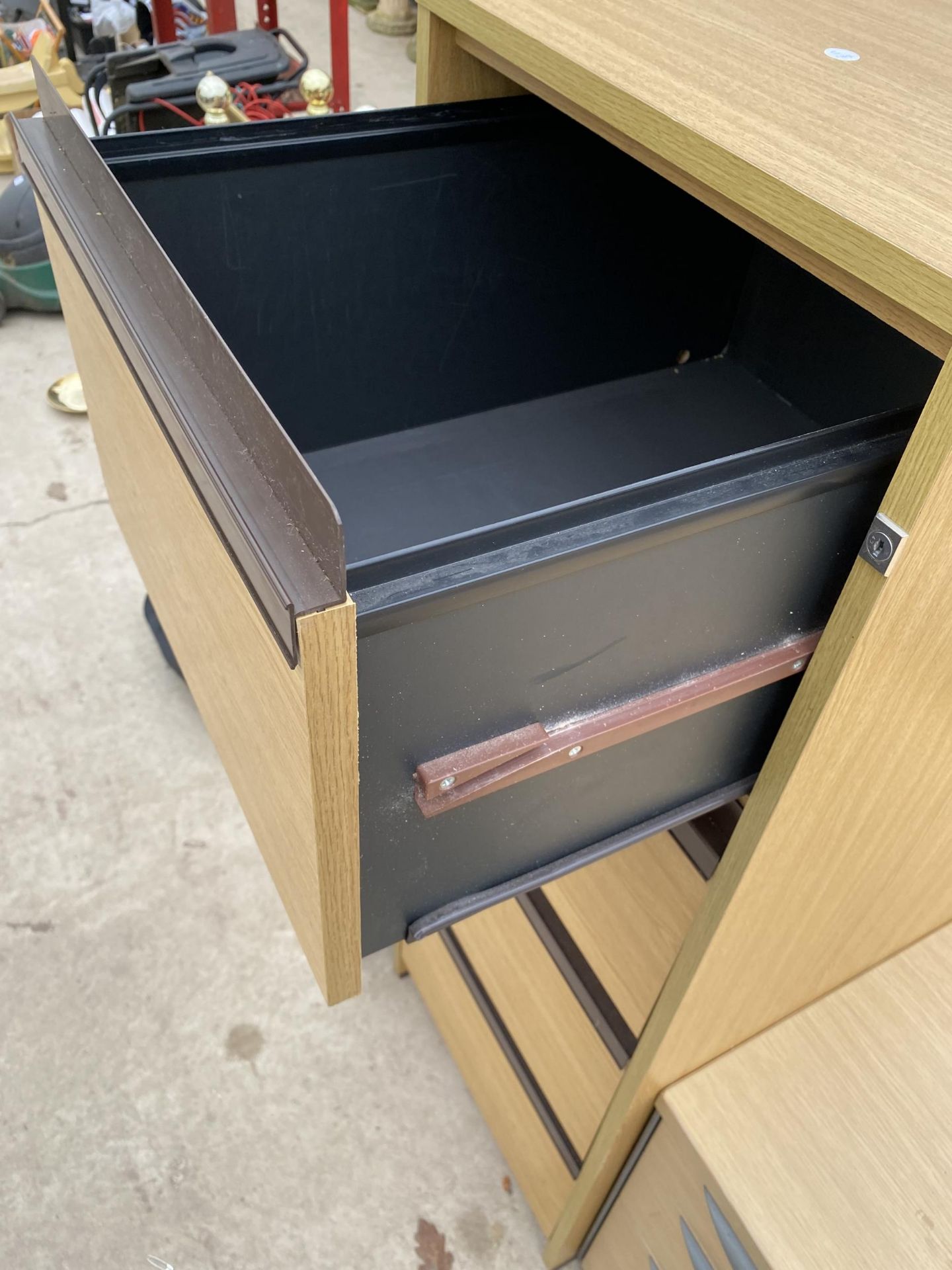 THREE LOW WOODEN THREE DRAWER FILING CABINETS AND A TALL FOUR DRAWER WOODEN FILING CABINET - Image 2 of 3