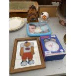 AN ASSORTMENT OF ITEMS TO INCLUDE A MIRROR, TWO CLOCKS AND A MONEY BOX ETC