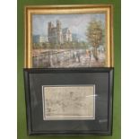 A FRAMED OIL ON CANVAS OF A STREET SCENE AND A LIMITED EDITION PRINT