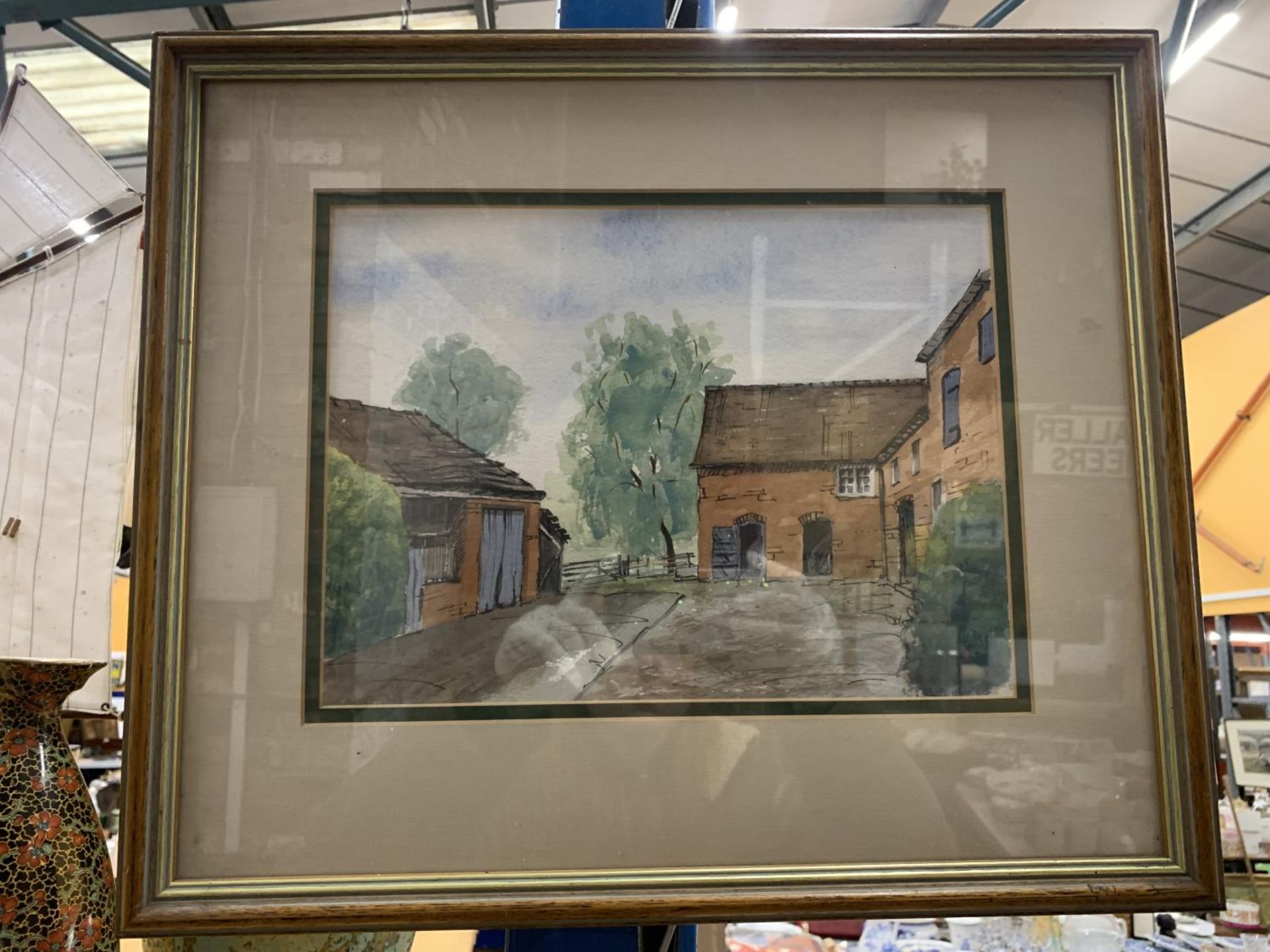 A PEN AND INK WATERCOLOUR OF A BARN SIGNED BOB HARRIS AND A FRAMED PRINT OF A DONKEY - Image 2 of 4