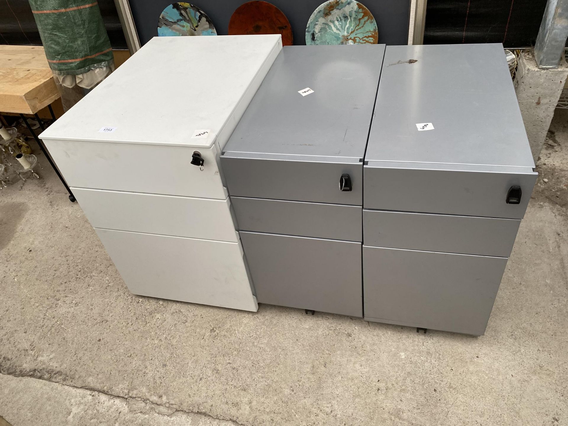 THREE MINIATURE METAL THREE DRAWER FILING CABINETS