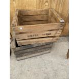 TWO VINTAGE WOODEN MONOGRAMED CRATES