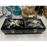 TWO LACQUERED MUSICAL BOXES WITH MOTHER OF PEARL DECORATION