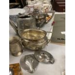 A QUANTITY OF SILVER PLATE TO INCLUDE TEAPOTS, SUGAR BOWL, CUP, ETC.,