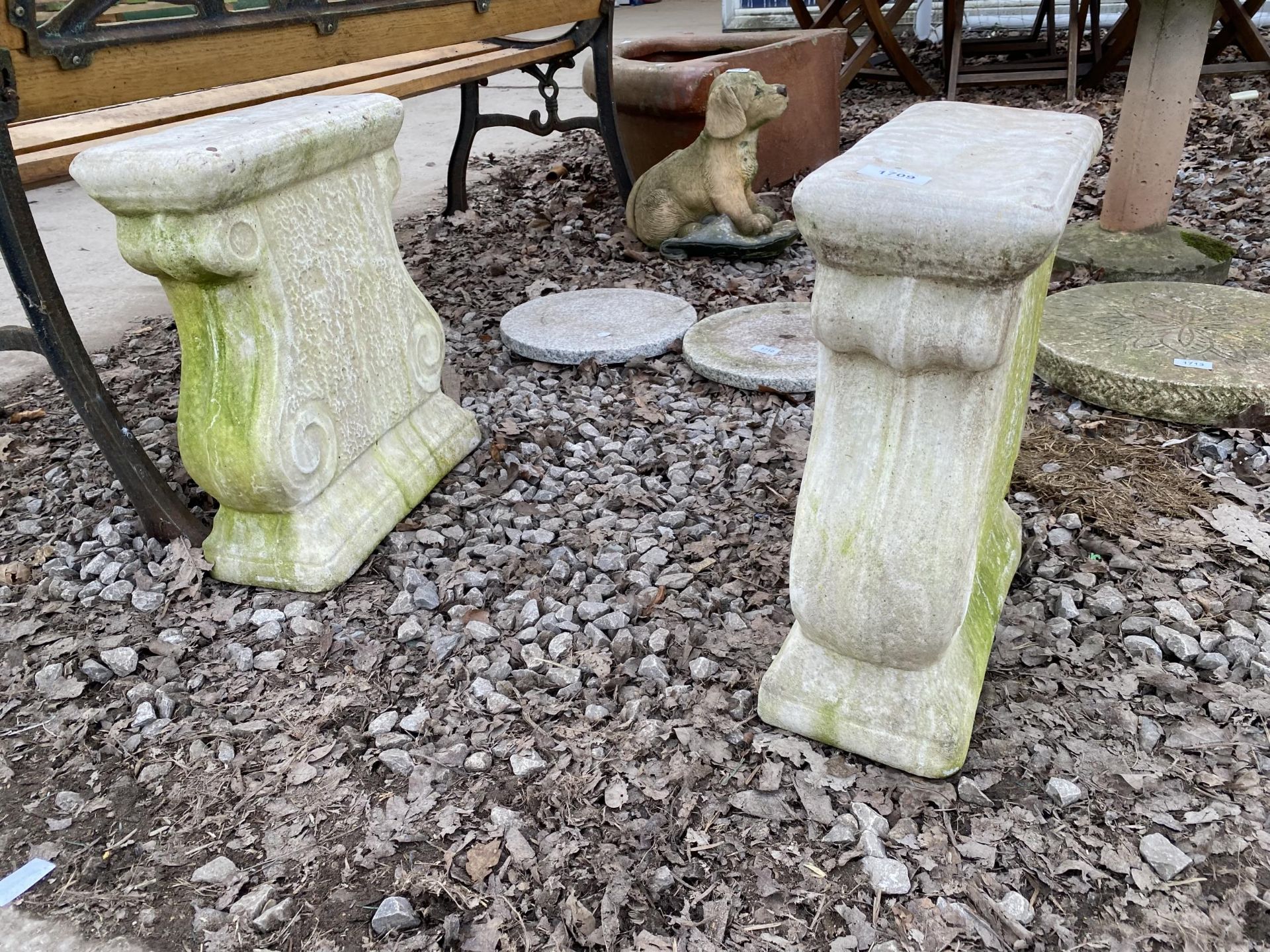 A PAIR OF RECONSTITUTED STONE BENCH PEDESTALS - Image 2 of 2