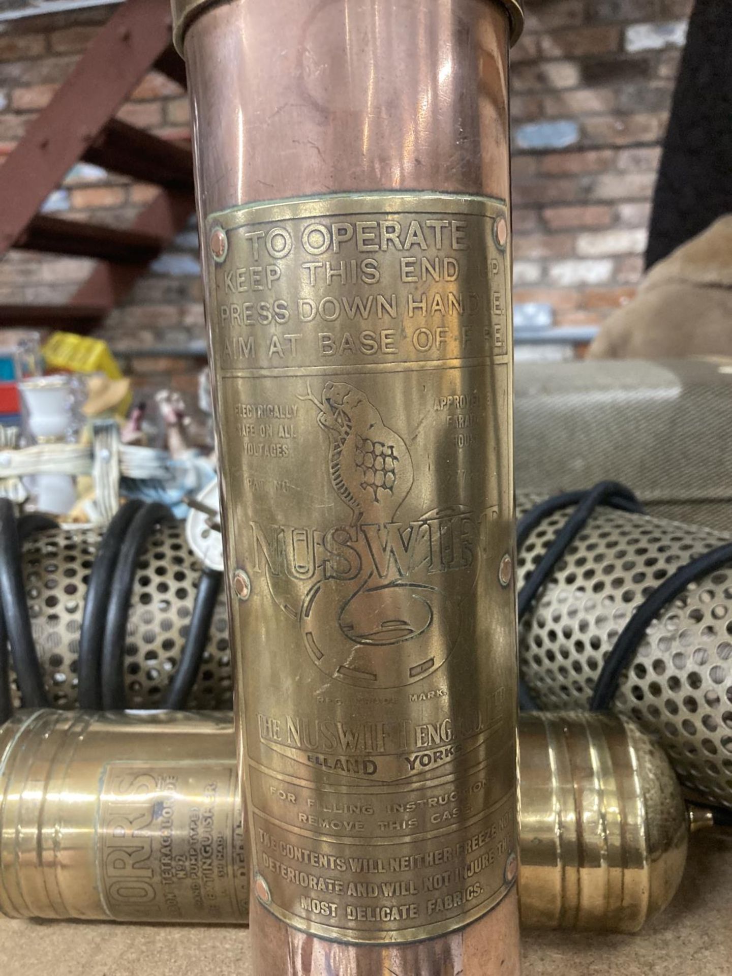 TWO VINTAGE BRASS FIRE EXTINGUISHERS AND TWO HEATERS - Image 3 of 5