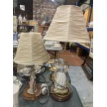 TWO TABLE LAMPS WITH LADIES TO THE BASE HEIGHTS 62CM AND 46CM TO THE TOP OF THE SHADES
