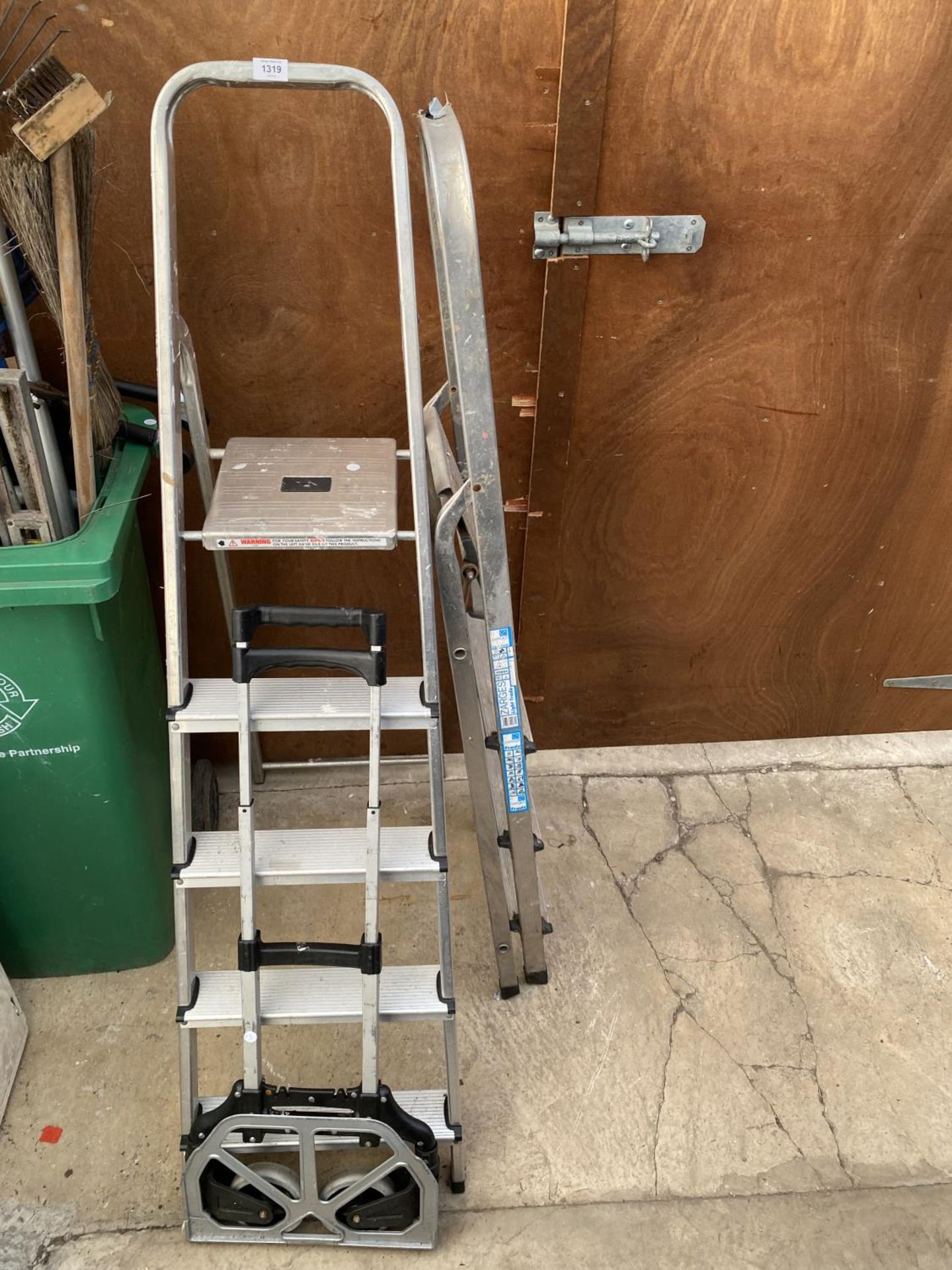 TWO ALUMINIUM STEP LADDERS AND A FOLDING SACK TRUCK