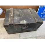 A LARGE VINTAGE WOODEN CHEST WITH METAL BANDING