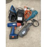 AN ASSORTMENT OF POWER TOOLS TO INCLUDE A SANDER AND A HEAT GUN ETC