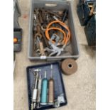 AN ASSORTMENT OF TOOLS TO INCLUDE SPANNERS AND GREASE GUNS ETC