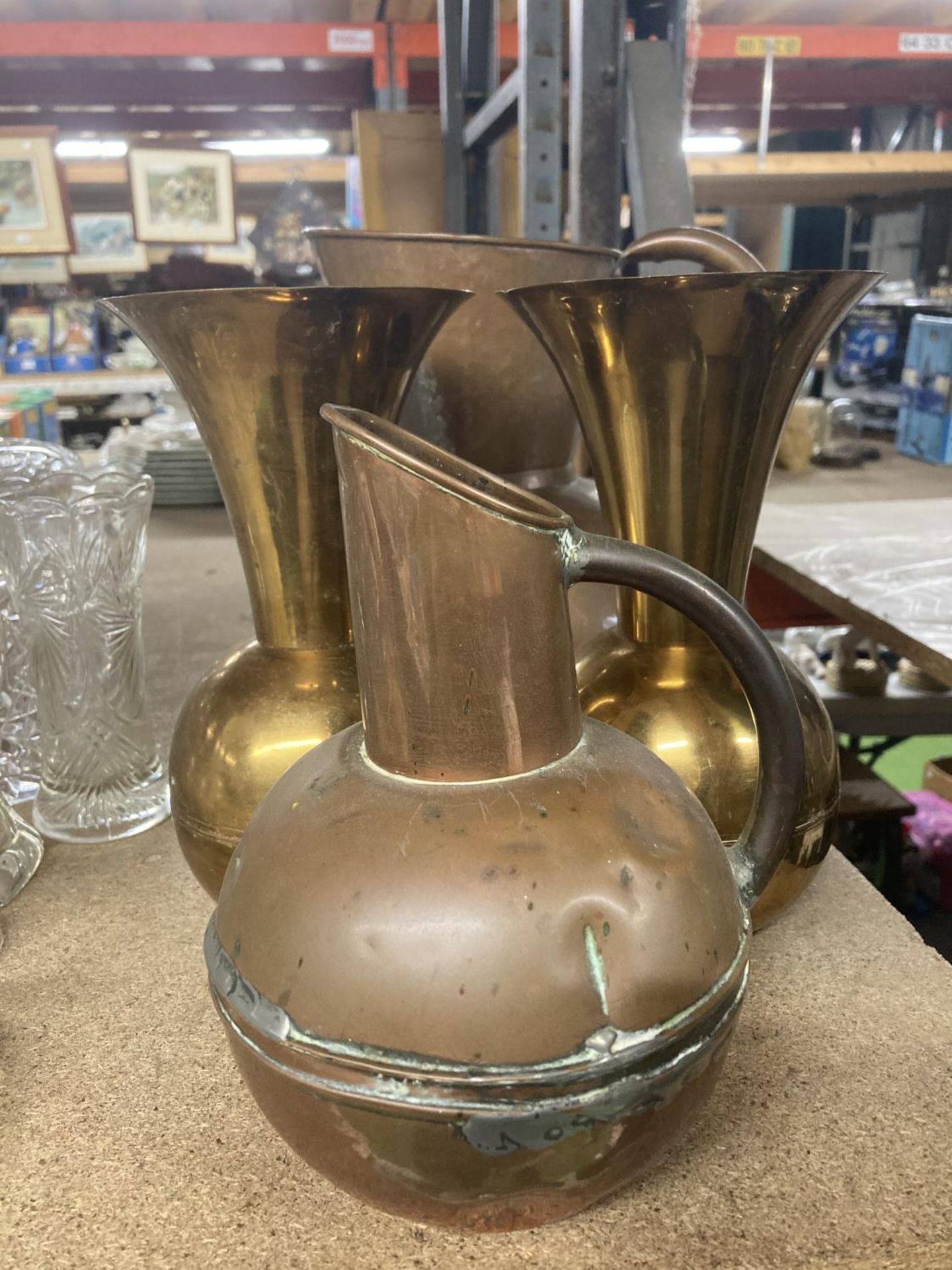 TWO COPPER JUGS AND TWO BRASS VASES