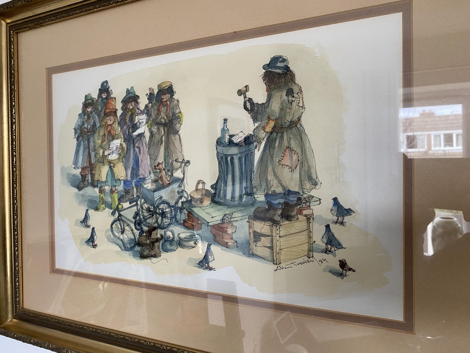 AN ALBIN TROWSKI PEN & INK GILT FRAMED PICTURE OF A TRAMP AUCTION, SIGNED AND DATED TO LOWER RIGHT - Image 2 of 4