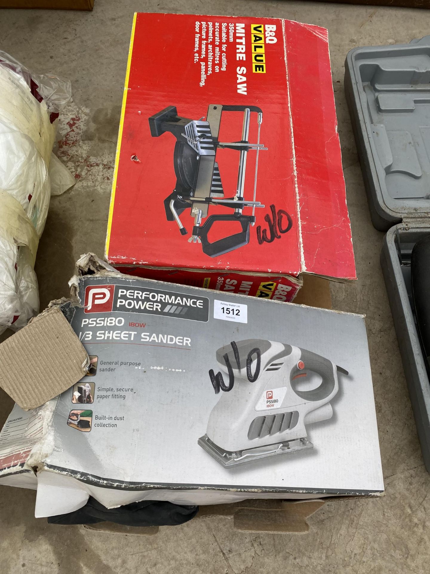 A B&Q MANUAL MITRE SAW AND A PERFORMANCE POWER SHEET SANDER BELIEVED IN WORKING ORDER BUT NO