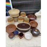 A LARGE ASSORTMENT OF EARTHEN WARE ITEMS TO INCLUDE STONEWARE POTS AND A LARGE BREAD BIN ETC