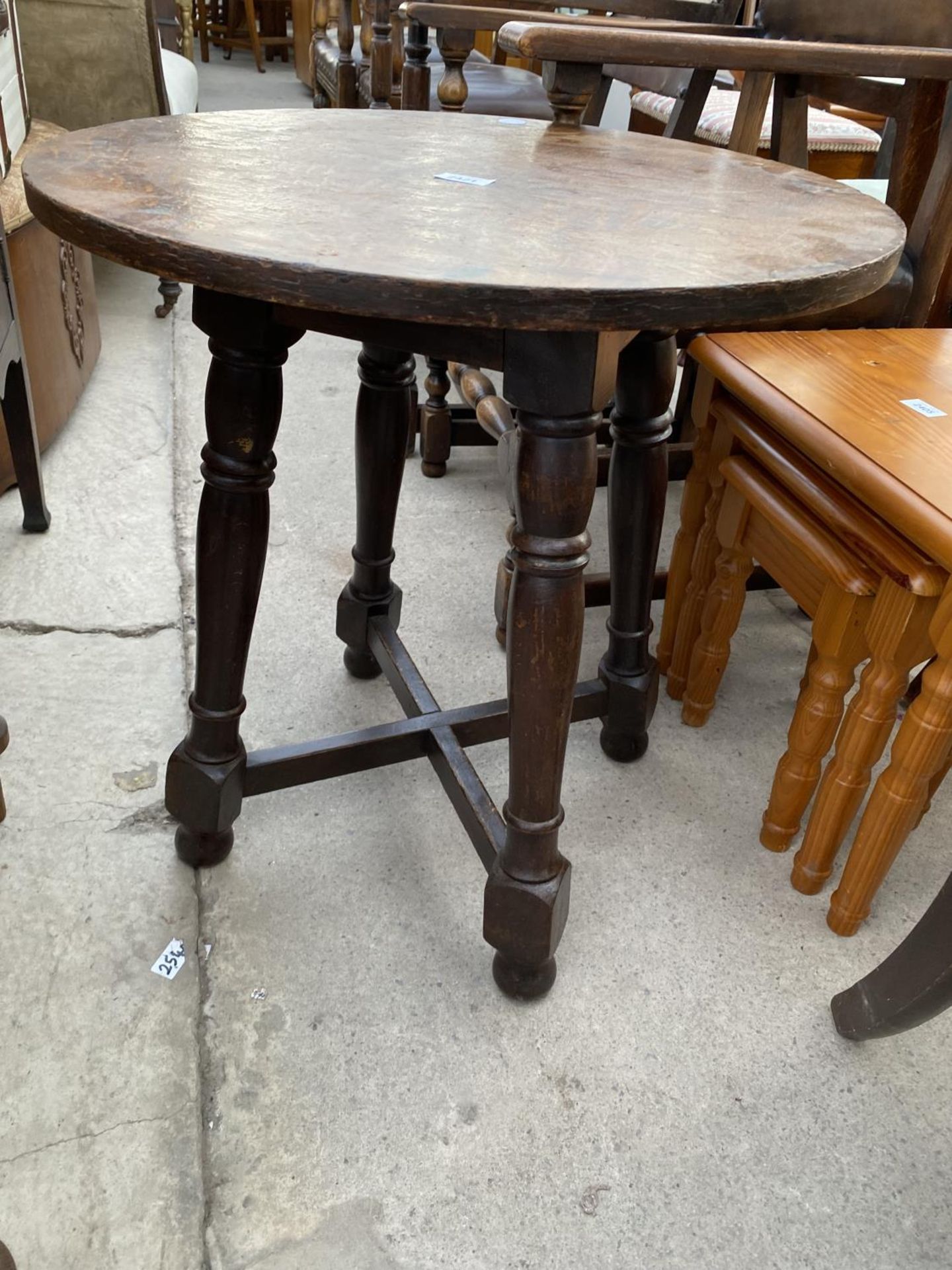 A 23" DIAMETER PUB TABLE AND PINE LAMP TABLE ON TURNED LEGS, 24" SQUARE - Image 3 of 3