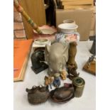 A MIXED LOT TO INCLUDE WOODEN ANIMAL FIGURES, VASES, A PLANTER, ETC