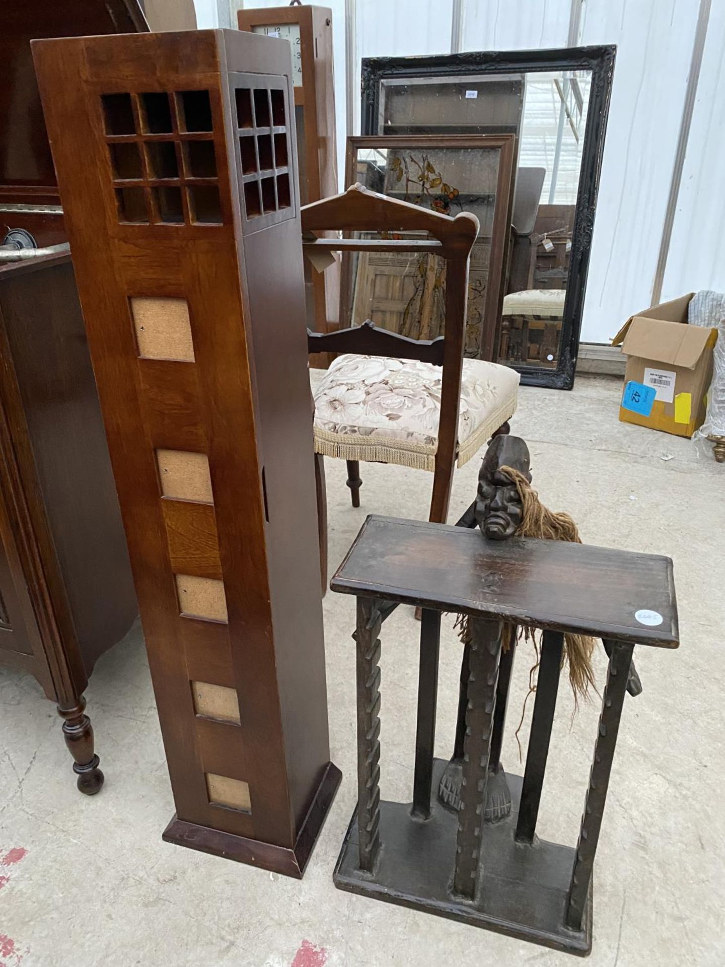 AN AFRICAN HARDWOOD CD RACK AND MODERN STORAGE CABINET, 7" WIDE