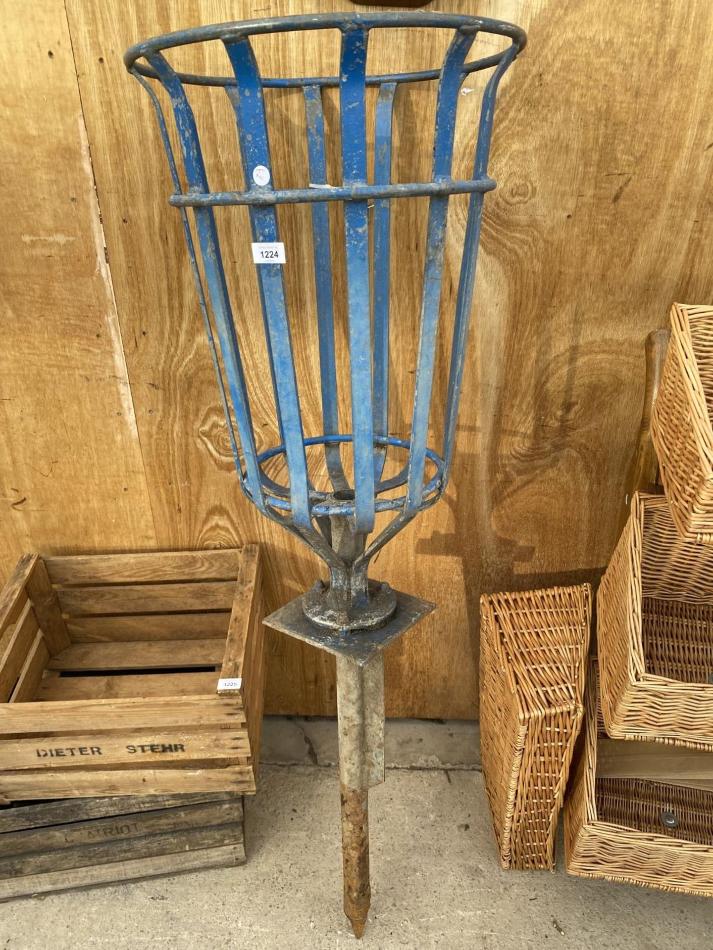 A VINTAGE CAST IRON BIN/PLANTER WITH GROUND SPIKE