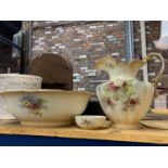 A LARGE ROYAL DEVON WASHBOWL, JUG AND SOAP DISH IN BLUSH IVORY WITH A FLORAL PATTERN