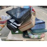 AN ASSORTMENT OF HOUSEHOLD CLEARANCE ITEMS TO INCLUDE SUITCASES AND A FOLDING CHAIR ETC