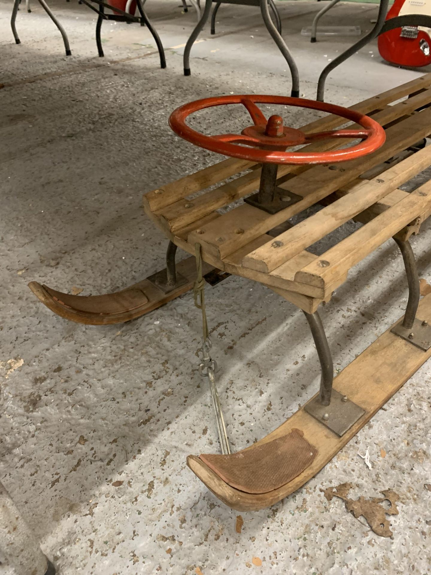 A VINTAGE WOODEN SLEDGE WITH A STEERING WHEEL - Image 2 of 4