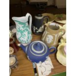 A GROUP OF FOUR ITEMS TO INCLUDE ADAMS JASPERWARE TEAPOT AND NEO CLASSICAL BLACK TEAPOT