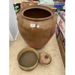 A LARGE EARTHEN WARE POT AND TWO TREEN ITEMS TO INCLUDE A LIDDED POT
